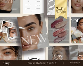 May include: A collection of digital marketing templates for permanent makeup services, featuring various layouts with text overlays like NEW SERVICE ALERT, 240+ TEMPLATES, and MICROBLADING. The designs include close-up photography of eyes, eyebrows, and lip color swatches.