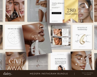 Puede incluir: Una colección de 280 plantillas digitales para redes sociales destinadas a un spa médico, con varios diseños que incluyen texto como "BOTOX OR FILLERS?", "THE SKINCARE WHEEL" y "BENEFITS OF moisturizing" junto a imágenes de tratamientos faciales.