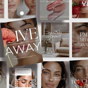 Puede incluir: Un collage de anuncios de belleza y cosméticos. La imagen central presenta las palabras "GIVE AWAY" con el rostro de una mujer y una flor. Otras imágenes promocionan servicios como rubor de labios, tiempo de PMU y tratamientos de cejas. El tema general es la belleza y el cuidado de la piel.