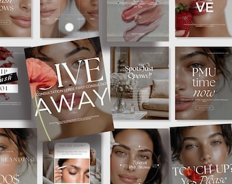 May include: A collage of beauty and cosmetic advertisements. The central image features the words "GIVE AWAY" with a woman's face and a flower. Other images promote services like lip blush, PMU time, and brow treatments. The overall theme is beauty and skincare.
