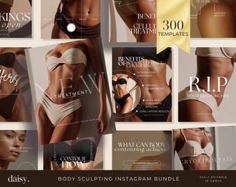Puede incluir: Una colección digital de 300 plantillas de Instagram para servicios de escultura y contorno corporal. Las plantillas muestran varias imágenes de personas en traje de baño, superpuestas con texto blanco como NEW TREATMENT, R.I.P YOUR EXTRA INCHES y CONTOUR NOW, presentadas en una cuadrícula.