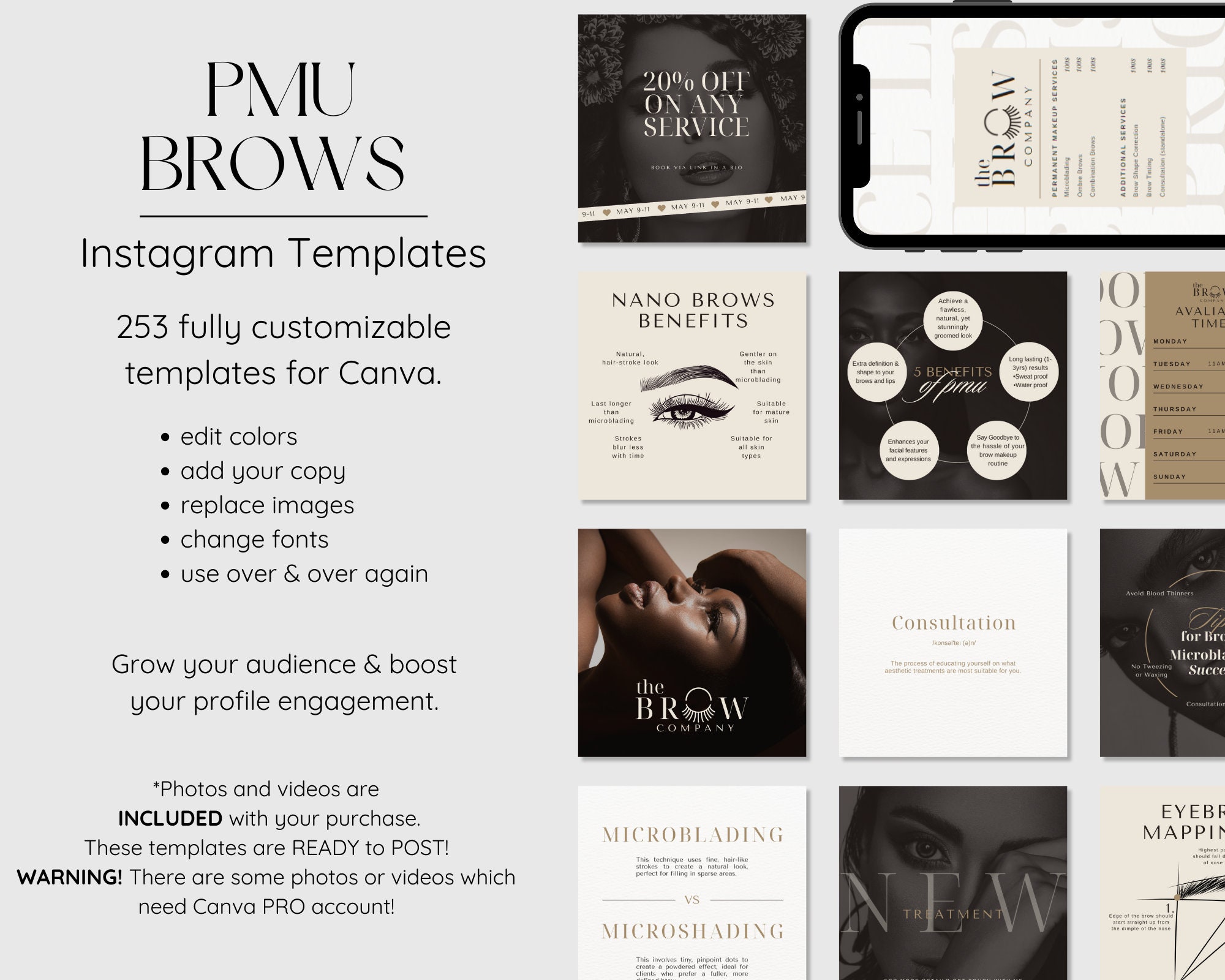 Brow Microblading Social Media Kit Instagram Templates for PMU Artists ...