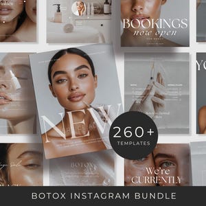 Può includere: Una collezione digitale di modelli Instagram per servizi medici estetici, con ritratti, sovrapposizioni di testo come 'NEW SERVICE ALERT', 'BOOKINGS now open' e '260+ TEMPLATES', e immagini di siringhe e prodotti per la cura della pelle.