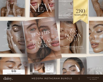 Puede incluir: Una colección de plantillas digitales para redes sociales de un spa médico, con varios diseños que incluyen fotografías de rostros, textos sobre cuidado de la piel y el título Benefits of Regular Facials. Incluye un gráfico de cinta dorada.