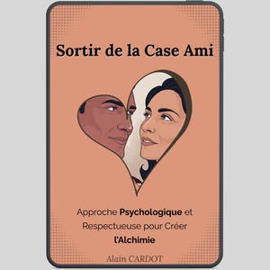 Könnte beinhalten: Digitale Illustration auf pfirsichfarbenem Hintergrund, mit einem herzförmigen Design mit zwei Gesichtern. Der Text "Sortir de la Case Ami" steht oben, mit zusätzlichem Text darunter. Der Name des Autors steht unten.