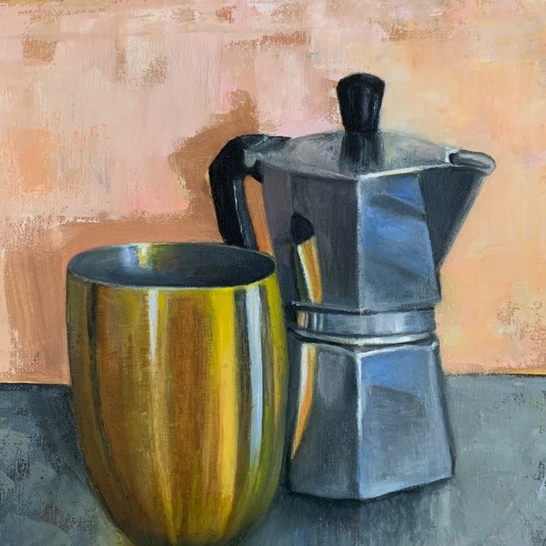 Coffee Pot Still Life Art Oil Original Paiting My Handwork on  Stretched Canvas 11.8* by 11.8" (30 by 30 cm ) Coffee Wall ART by ARTOZur