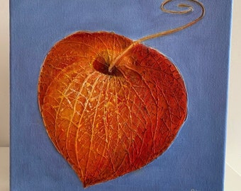 Peinture à l'huile originale Physalis Fleurs Physalis, oeuvre d'art originale orange sur bleu, peinture murale faite main sur toile 30 x 30 cm par ARTOZur