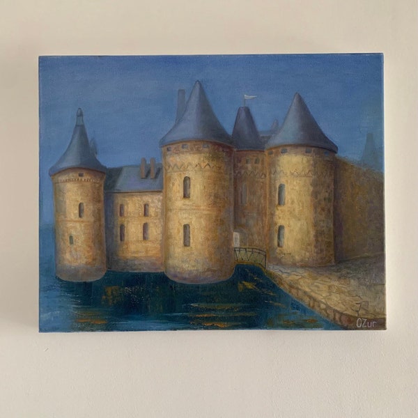 Castle  on the Lake Original Oil Painting Scenary Original Oil Art Handmade on Canvas  15.7" by 19.7" (40/50 cm) Wall Art   by  ARTOZur