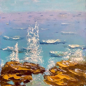 Rocky Shore Seascape Original Impasto Oil Painting Coastal Original Oil Art Sea Stones Wall Art 6&quot; by 8&quot; Artwork Beach Wall Art by ARTOZur