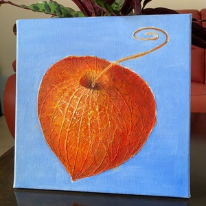 Physalis Original Oil Painting Physalis Flowers Original Art Orange on Blue Wall Painting Handmade on Canvas 30x30 cm by ARTOZur image 2