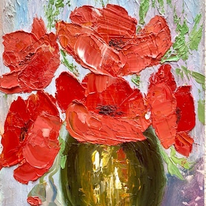 California Poppy Oil Painting Red Bouquet Original Impressionist Artwork Impasto Poppy Flower  Handmade 6&quot;x8&quot; (15x20 cm) Wall Art by ARTOZur