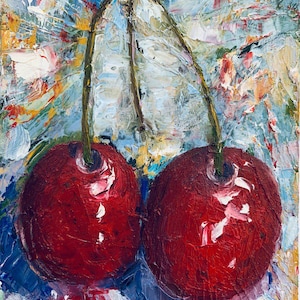 Cherries Oil Painting Red Berries Fruit Impressionism Kitchen Decor Berry Original Art Fruit  Miniature 5&quot;x7&quot;  Still Life Impasto by ARTOZur