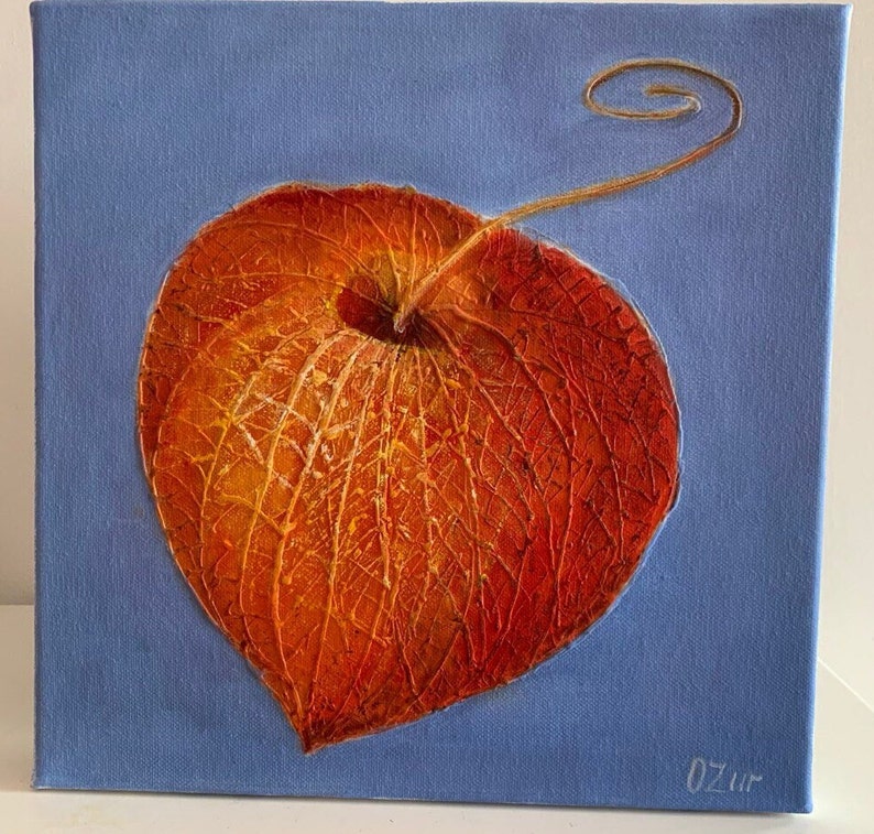 Physalis Original Oil Painting Physalis Flowers Original Art Orange on Blue Wall Painting Handmade on Canvas 30x30 cm by ARTOZur image 1