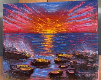 Coucher de soleil sur la mer peinture à l'huile originale coucher de soleil empâtement peinture océan mur art paysage marin peinture originale sur toile 11,8 pouces par 9,8 pouces par ARTOZur