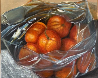 Mandarines peinture à l'huile originale peinture à l'huile nature morte fruits travail manuel nourriture cuisine oeuvre originale à l'huile sur toile 45,4 x 40,6 cm par ARTOZur
