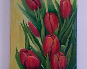 Tulips Oil Original Painting Red Flowers Original Wall Art Spring Flowers Oil Art Handmade Red Tulips Canvas 15.7"x19.7 " by ARTOZur