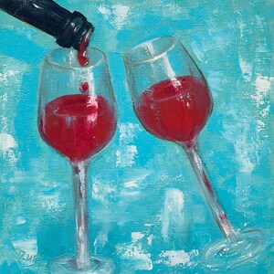 Glasses of Wine Holiday Original Oil Painting Red Wine Painting on Canvas 8&quot; by 8&quot; ( 20 by 20 cm) Grape Artwork Impasto Wall Art by ARTOZur