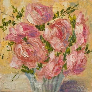Bouquet of Roses Original Painting Pink Floral Oil Paiting Pink Handmade Peonies Wall Art 8&quot; by 8&quot; Roses Impasto Artwork Painting by ARTOZur
