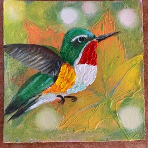 Peinture à l'huile d'oiseau originale, oeuvre d'art animalière, oeuvre d'art murale tropicale, miniature de la faune, 6 x 6 po. Vol du colibri, oeuvre manuelle par ARTOZur image 6