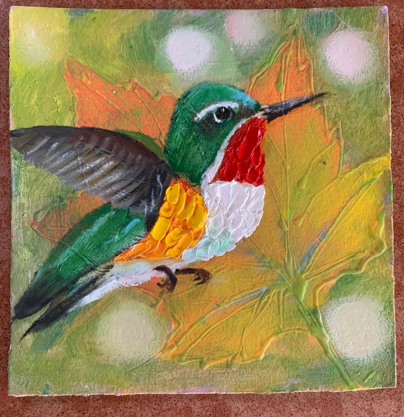 Peinture à l'huile d'oiseau originale, oeuvre d'art animalière, oeuvre d'art murale tropicale, miniature de la faune, 6 x 6 po. Vol du colibri, oeuvre manuelle par ARTOZur image 6