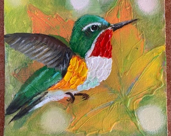 Peinture à l'huile d'oiseau originale, oeuvre d'art animalière, oeuvre d'art murale tropicale, miniature de la faune, 6 x 6 po. Vol du colibri, oeuvre manuelle par ARTOZur