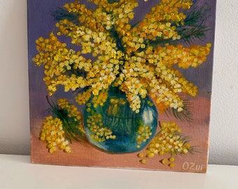 Peinture à l'huile de fleurs de mimosa, bouquet de fleurs de printemps, oeuvre d'art originale, empâtement de fleurs jaunes, travail manuel sur mini toile 20 x 20 cm par ARTOZur