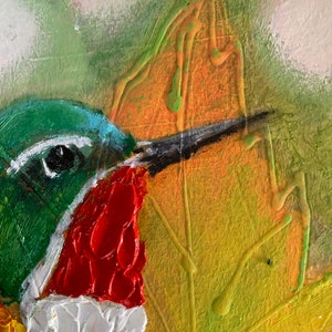 Peinture à l'huile d'oiseau originale, oeuvre d'art animalière, oeuvre d'art murale tropicale, miniature de la faune, 6 x 6 po. Vol du colibri, oeuvre manuelle par ARTOZur image 5