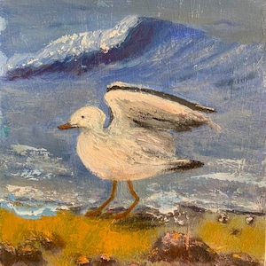 Seascape Oil Painting: Seagull on the Shore, Coastal Miniature Art