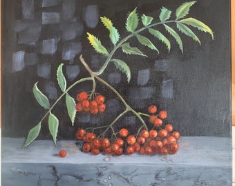 Nature morte aux baies d'automne, peinture originale à l'huile et à l'acrylique, oeuvre d'art murale aux fruits rouges, 45 x 45 cm sur toile, par ARTOZur