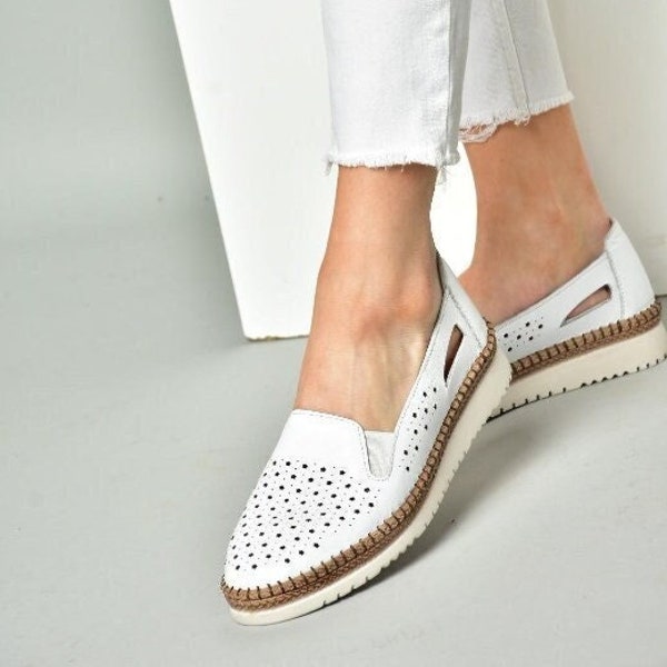 Genuine Leather Women's Shoes/Perforated Leather Shoes/Straw Detailed Shoes/White Leather Shoes/Genuine Leather Shoes/Sports Leather Shoes.