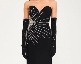 Black stone evening dress / Black Hand Embroidered Detail Stoned Strapless Corset Long Evening Dress/Fashion Forward/ Slit Tight Dress.