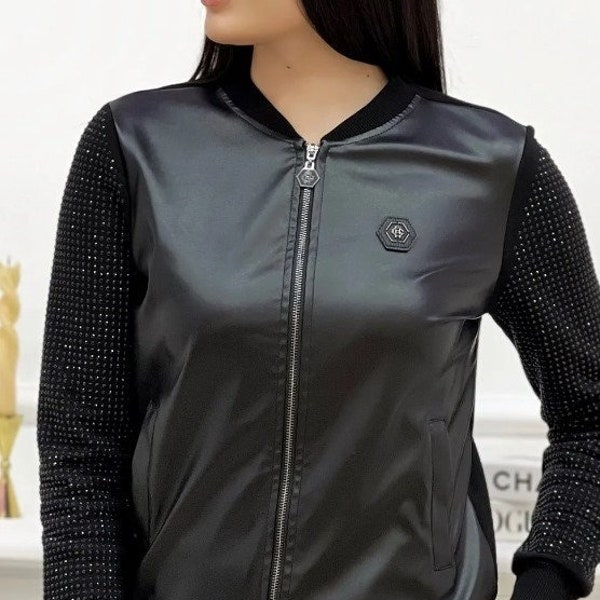 All Crystal Stone Faux Leather Three Thread Zippered Black Cotton Women's Tracksuit Set.