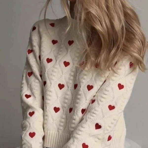 Women's White Embroidered Red Heart Sweater/Crew neck woven sweater/ Crew neck thick sweater/Red Heart Sweater/Mothers Day/Gift