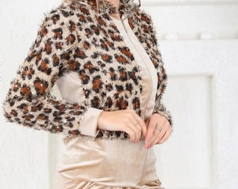 Tracksuit Set / Women's Leopard Patterned Velvet Tracksuit / Hooded Tracksuit Set.