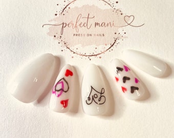 Handmade Love Heart Luxury Press on Nails / Medium / Coffin/ 20 Nails / No Wait / Reusable / Milky White / Fake Nails