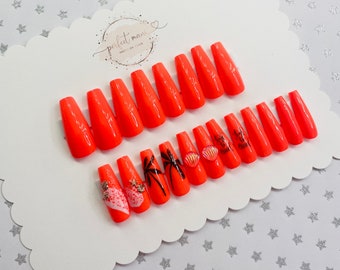 Handmade Bright Orange Palm Tree Nails Salon Quality Press on Nails / Extra Long / Long Coffin / 20 Nails / No Wait / Reusable / Beach