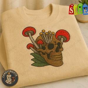 Goth Fairy Grunge Skull Embroidered Sweatshirt, Skeleton Mushroom Crewneck, Dark Cottagecore Shirt, Alt Aesthetic Gift