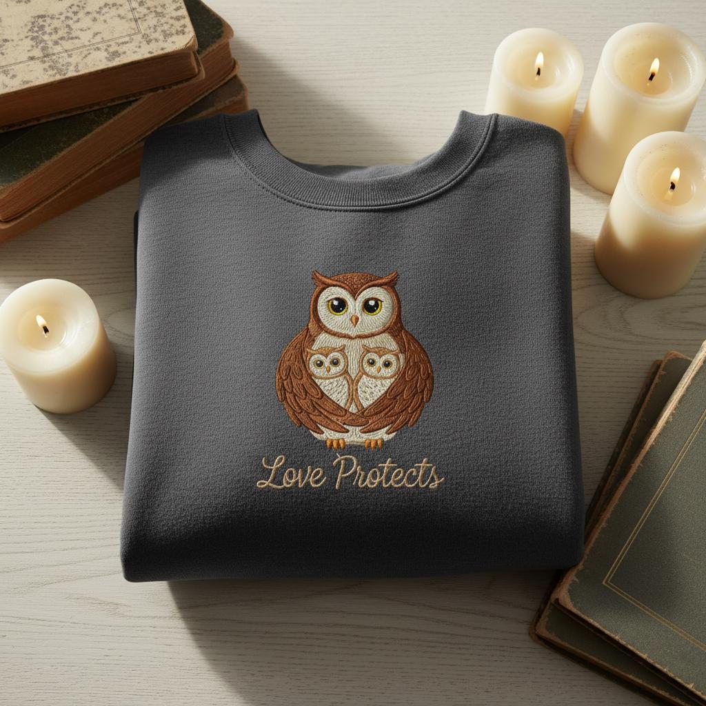 Love Protects embroidered sweatshirt, Cute Owl Family Crewneck, Mother's Day Family Gift, Sentim
