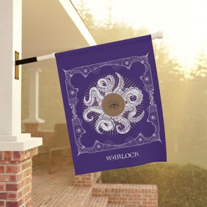 May include: Purple flag with a white design of an octopus with an eye in the center. The text "WARLOCK" is at the bottom of the flag.