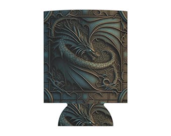 May include: A black and blue dragon design on a can cooler. The dragon is carved into a stone-like surface with intricate details.