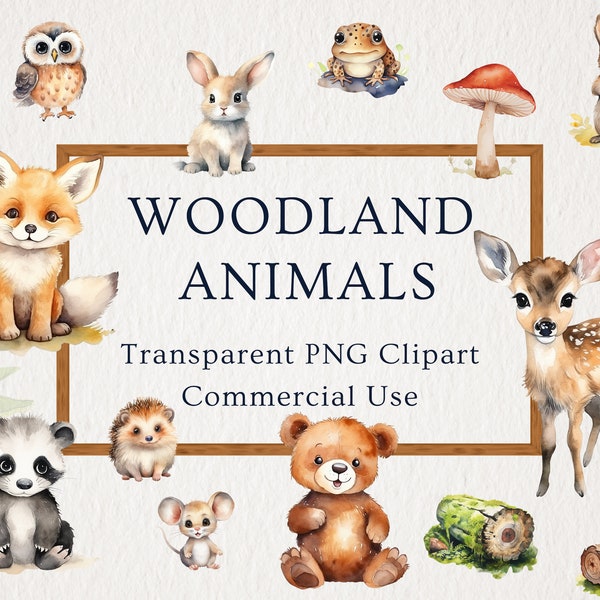 Woodland Animals Clipart, Watercolour, Clipart for Commercial Use, Nursery Clipart, Transparent PNGs