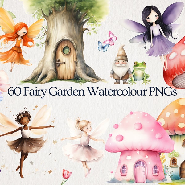 Complete Fairy Garden aquarel clipart bundel, 60 PNG 300dpi, Instant Download, feeën, kabouters, paddestoelen, Fairy deuren, magische karakters