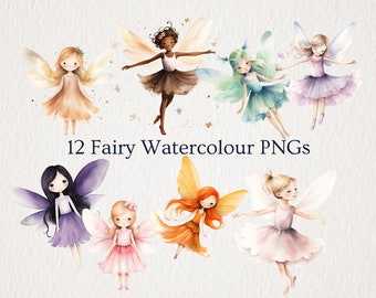 May include: Twelve watercolor illustrations of fairies with wings. The fairies are wearing dresses in various colors, including purple, pink, green, orange, and brown. The fairies have different hair colors and styles. The illustrations are set against a white background.