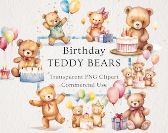 Lindo cumpleaños Teddy Bear Collection acuarela Cliparts, 15 PNG transparentes, PNGs de imágenes prediseñadas de fiesta de cumpleaños, imágenes prediseñadas para uso comercial
