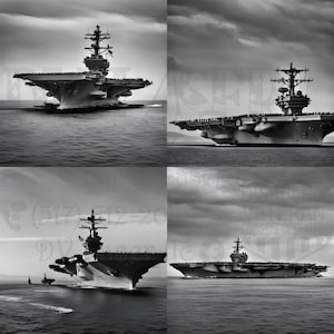 以下が含まれることがあります： 海上の空母を写した4枚の白黒写真のコラージュ。空母は大きく、灰色の船で、飛行甲板と多数の乗組員が乗っています。船は穏やかな海を航行しており、背景には曇り空が広がっています。