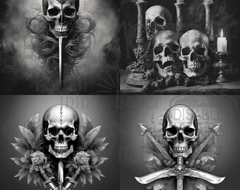 May include: A digital art print featuring four different black and white images of skulls with swords and flowers. The skulls are depicted in a realistic style with intricate details.