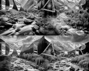 May include: A black and white photograph of a mountain river flowing through a rocky landscape. The river is flowing quickly and there are trees and mountains in the background. The image is split into two sections, with the top section showing the river flowing from left to right, and the bottom section showing the river flowing from right to left. The image is titled "Memories forever engraved".