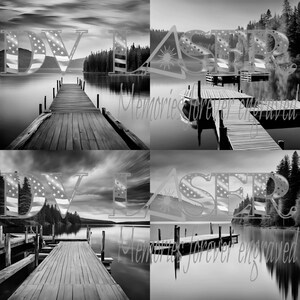 Puede incluir: Un collage fotográfico en blanco y negro de cuatro imágenes que muestran un lago con un muelle de madera. El muelle está hecho de tablones de madera y tiene una barandilla. El lago está tranquilo y el agua refleja el cielo. Las imágenes están dispuestas en una cuadrícula. El texto "Memories forever engraved" está superpuesto a las imágenes. El texto "DIY LASER" también está superpuesto a las imágenes.
