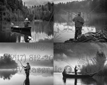 Puede incluir: Un collage en blanco y negro de cuatro imágenes que muestran a personas pescando en un lago. La imagen superior izquierda muestra a una persona en un bote lanzando una línea de pesca. La imagen superior derecha muestra a una persona de pie en una costa rocosa lanzando una línea de pesca. La imagen inferior izquierda muestra a una persona de pie en un lago lanzando una línea de pesca. La imagen inferior derecha muestra a dos personas en un bote pescando.