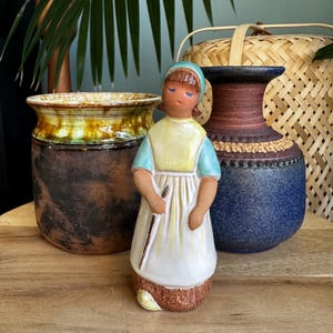 Vintage Scandinavian ceramic set, blue Höganäs vase, Gotland brown vase, Swedish ceramic woman figurine, retro 1960s 1970s